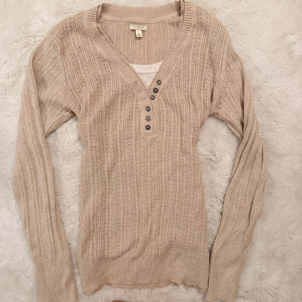 Sonoma Life+Style Ribbed Henley Sweater Size L Beige Long Sleeve V-Neck